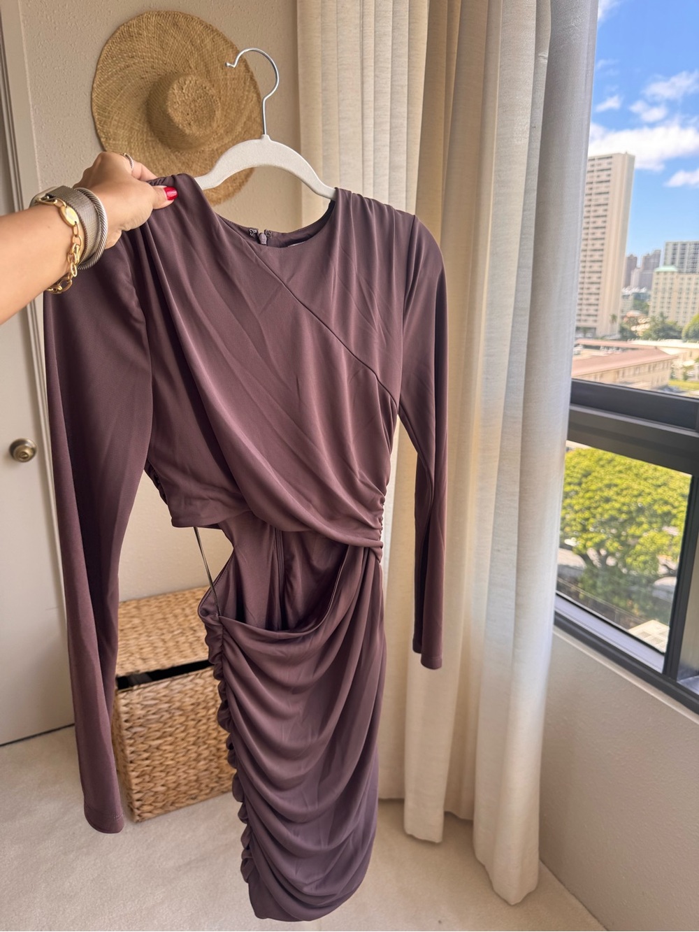 Astr Long Sleeve Ruched Mini Dress in Brown